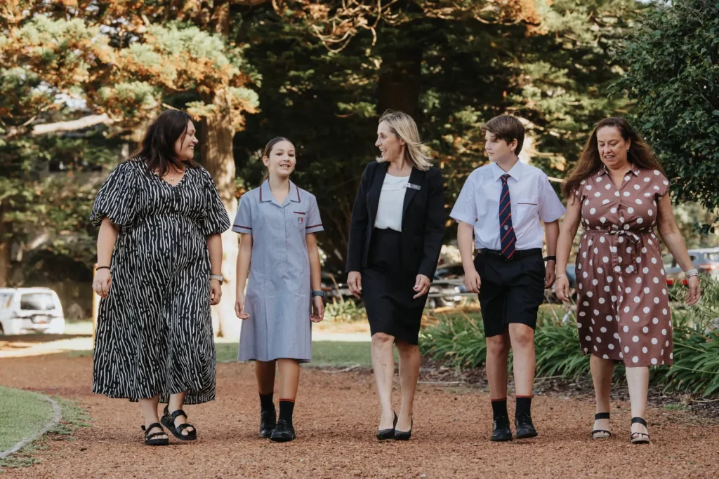 Rebecca King and her daughter Madison, principal Gabie Stojanovski and Joanna McNamara with her son Billy, 12.CREDIT: JAMES BRICKWOOD